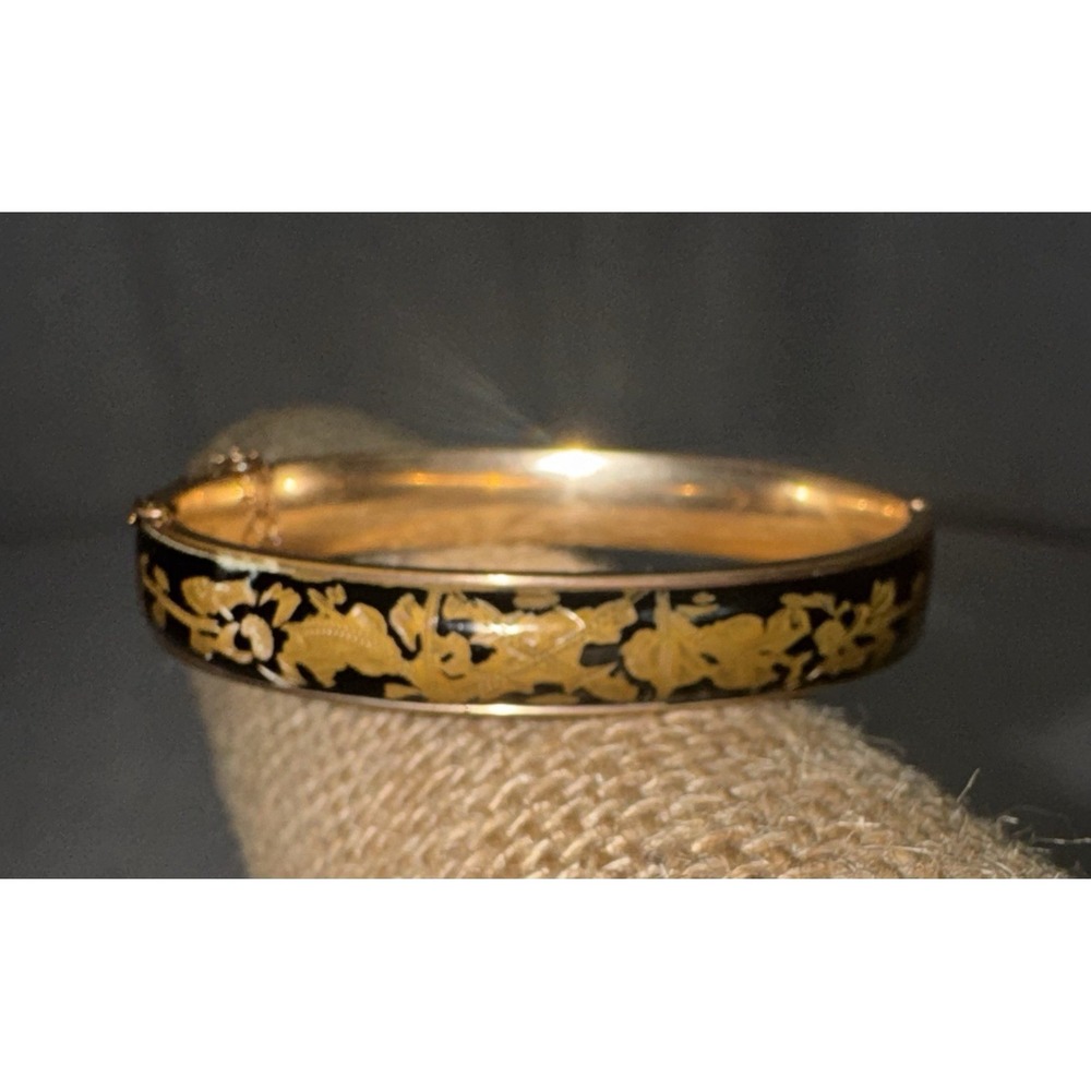 Vtg 10k Gold Filled Black Enamel Hinged Bangle Dunn Bros Floral Bracelet 15g - Picture 2 of 15